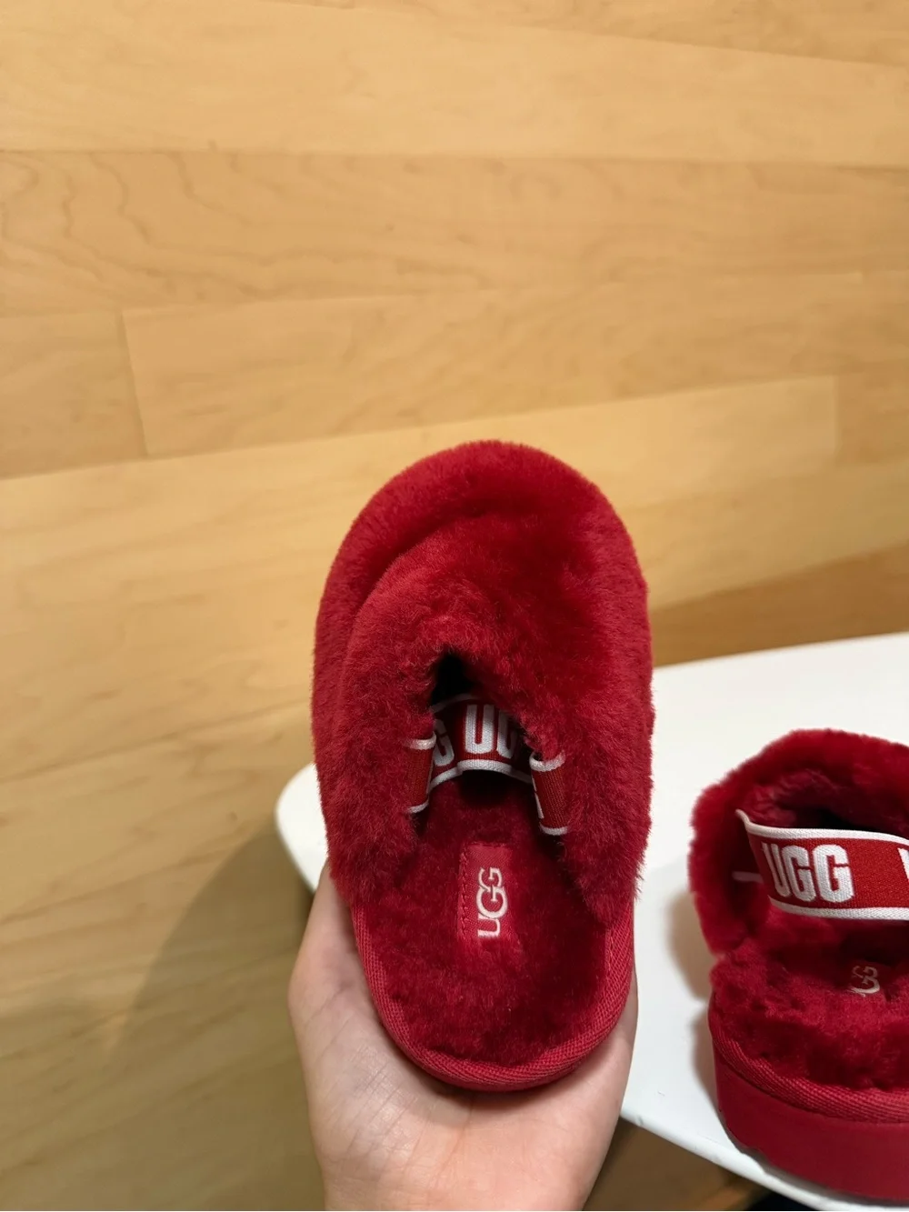 UGG Kids Red Fuzzy Slide Slippers